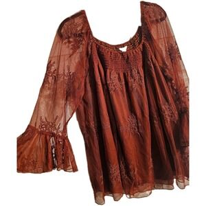 Womens Plus Cato 2X Blouse Top Bell Sleeve Semi Sheer Floral Flowy Artsy Wimsy